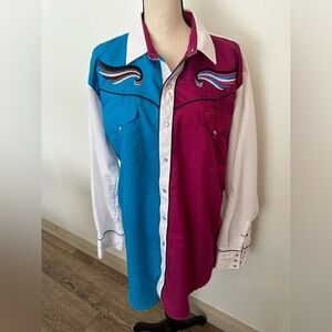 Mid West Garment Company Western Shirt SnapButton Front Pink Blue White SZ L VTG